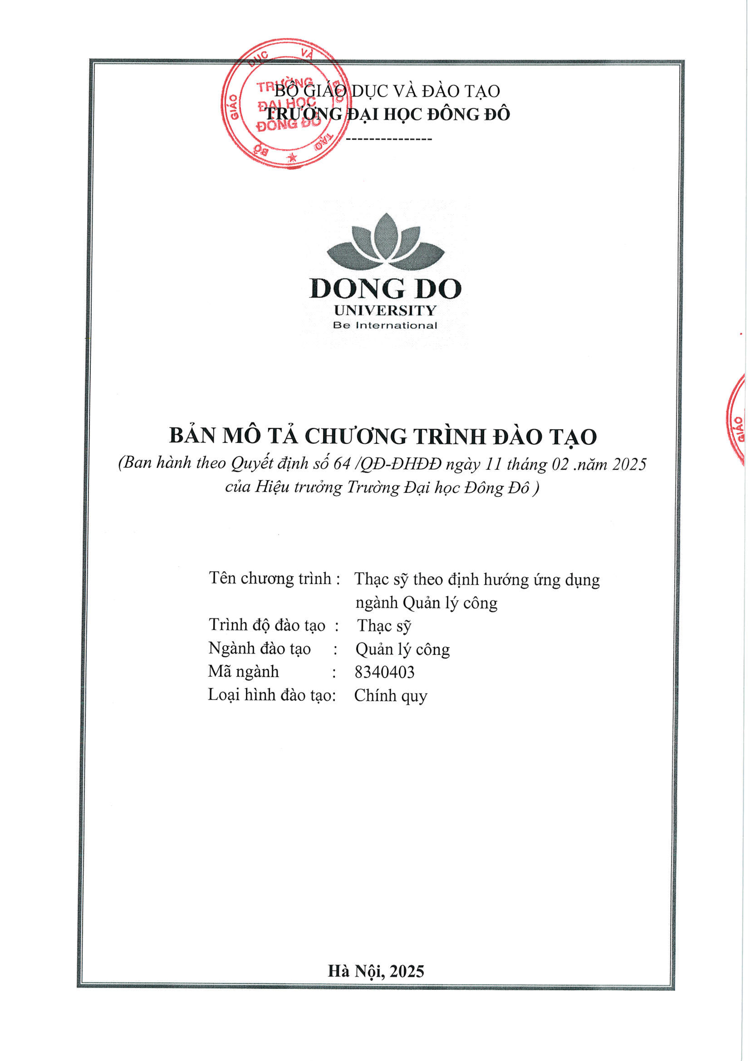 Bản mô tả chương trình đào tạo Thạc sĩ theo định hướng ứng dụng ngành Quản lý công
